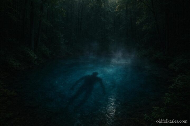 Shadowy humanoid figure moving beneath the surface of the Blue Hole spring in Ohio representing the Blue Hole Monster legend