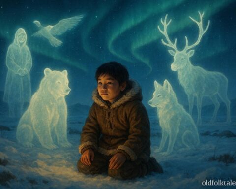 Yupik boy receiving guidance from spirits and animals during a vision in the snowy tundra, representing the story of the first shaman
