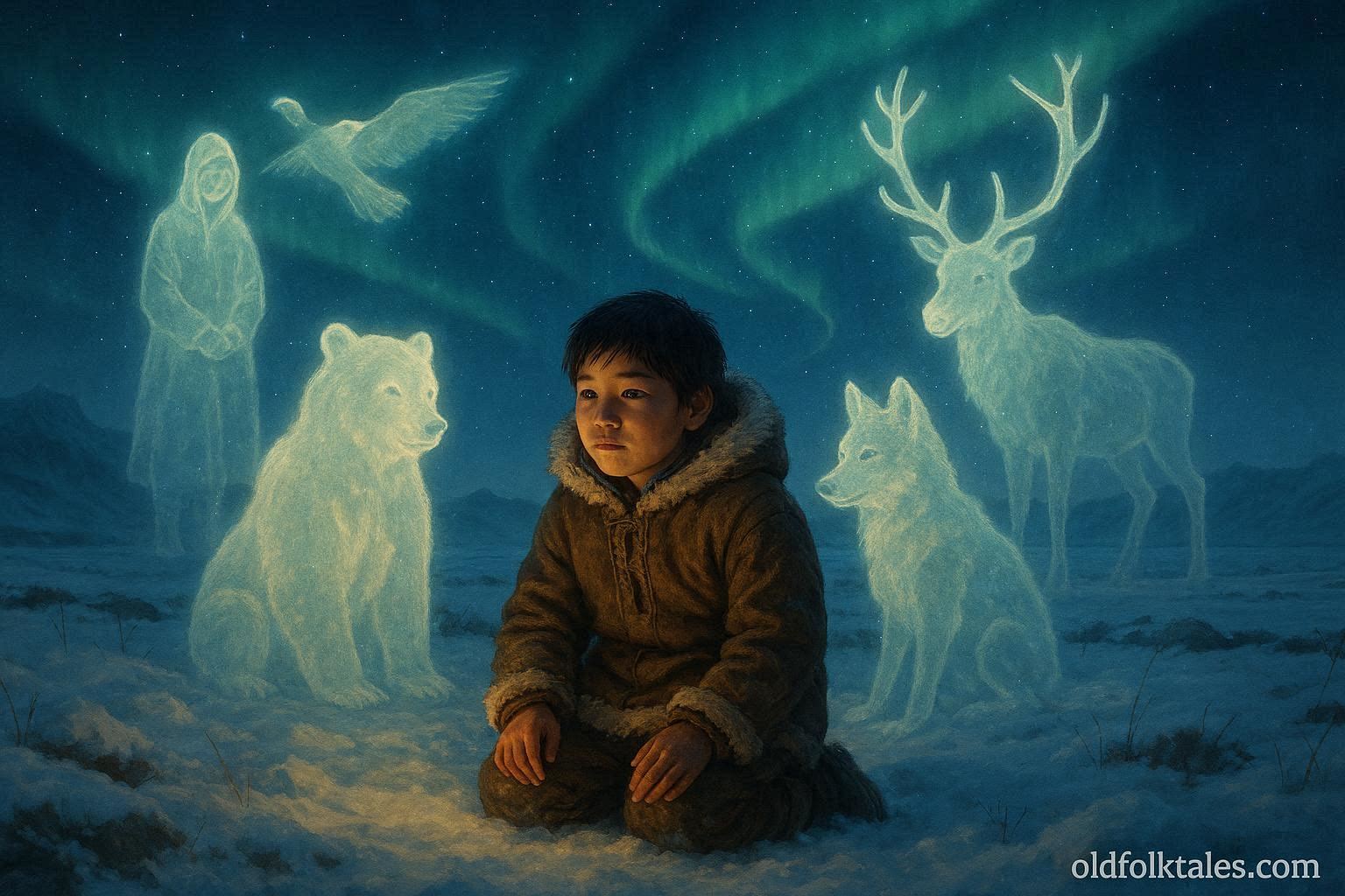 Yupik boy receiving guidance from spirits and animals during a vision in the snowy tundra, representing the story of the first shaman