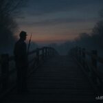 A faint Civil War soldier standing near an old bridge at dusk