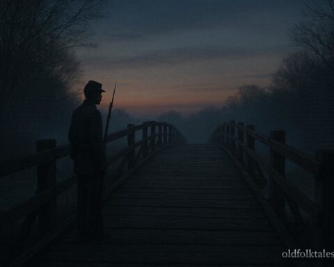 A faint Civil War soldier standing near an old bridge at dusk