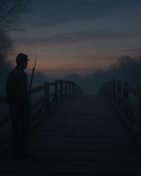 A faint Civil War soldier standing near an old bridge at dusk