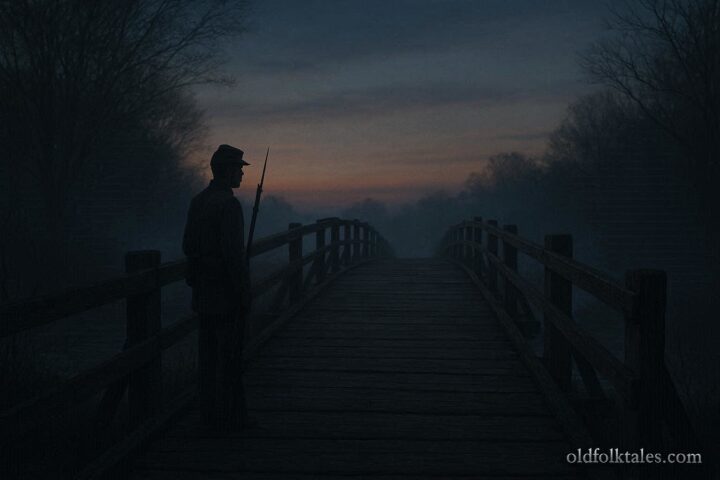 A faint Civil War soldier standing near an old bridge at dusk