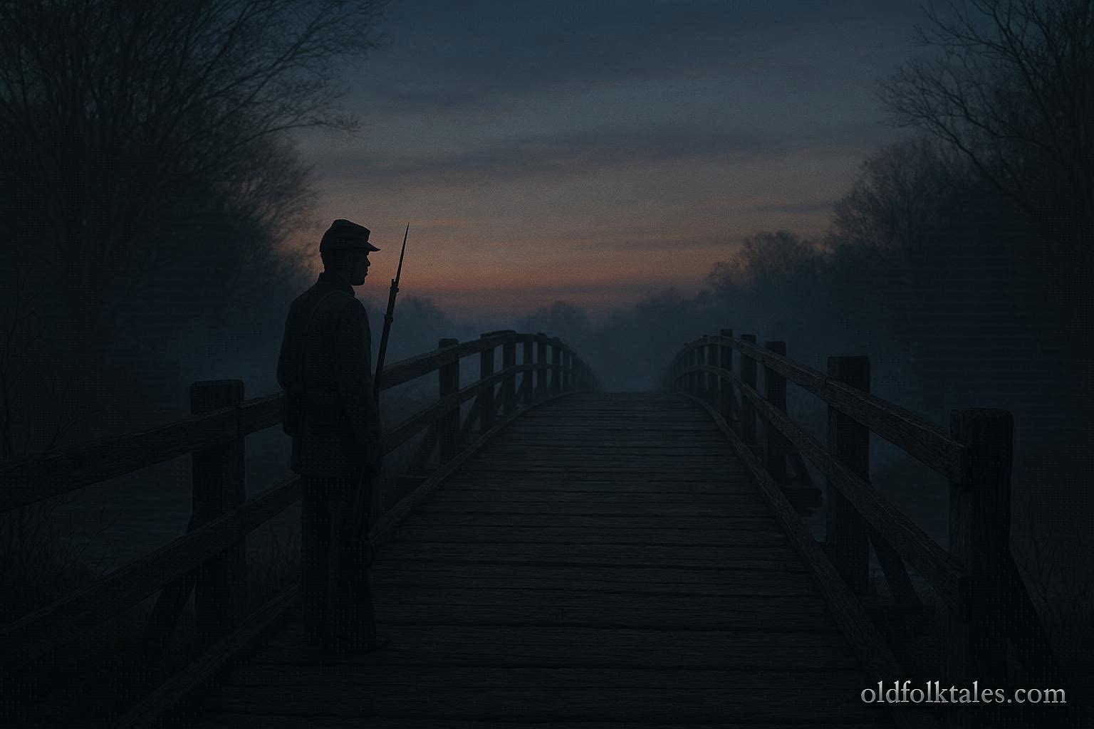 A faint Civil War soldier standing near an old bridge at dusk