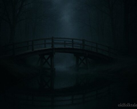 A wooden bridge at night over a calm stream in a silent forest