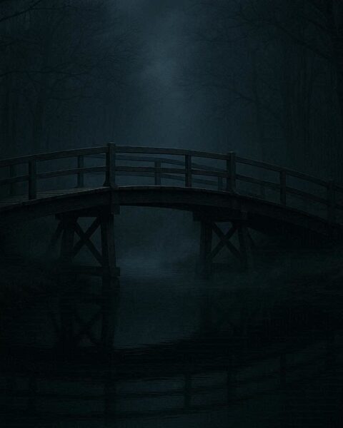 A wooden bridge at night over a calm stream in a silent forest