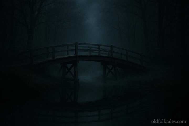 A wooden bridge at night over a calm stream in a silent forest