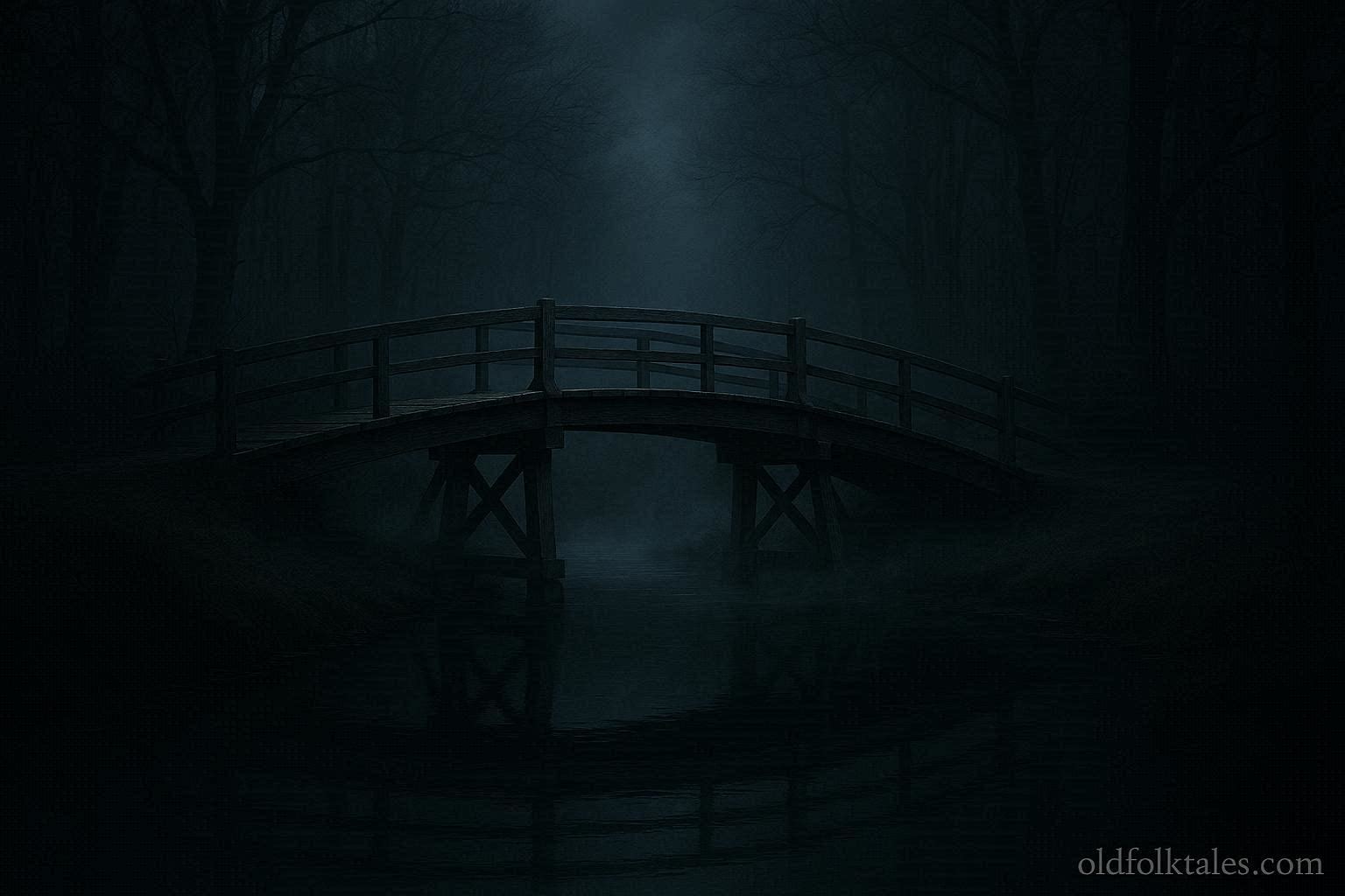 A wooden bridge at night over a calm stream in a silent forest