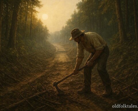 A tireless worker clearing a forest path to build a long road through wilderness