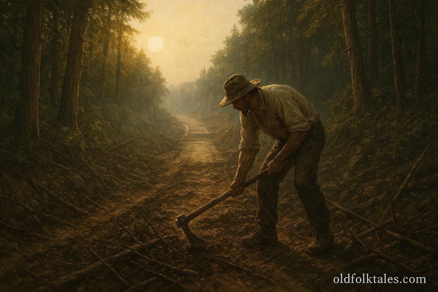 A tireless worker clearing a forest path to build a long road through wilderness