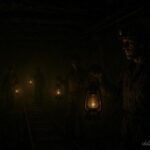 Miners standing in a dark coal mine tunnel with a mysterious unseen presence