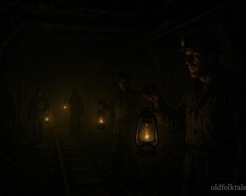 Miners standing in a dark coal mine tunnel with a mysterious unseen presence