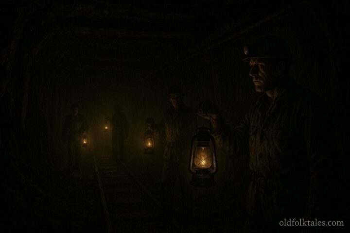 Miners standing in a dark coal mine tunnel with a mysterious unseen presence
