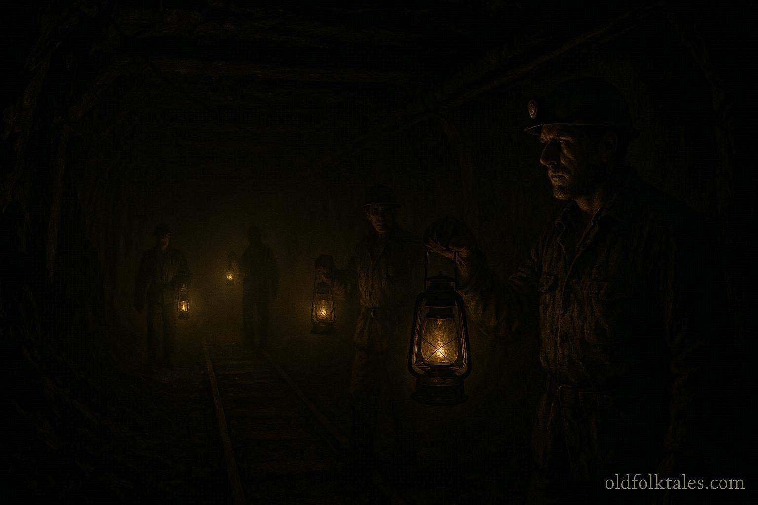 Miners standing in a dark coal mine tunnel with a mysterious unseen presence