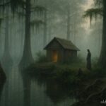 A small hut in a quiet swamp surrounded by trees and mist suggesting a healer’s presence