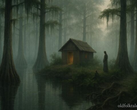A small hut in a quiet swamp surrounded by trees and mist suggesting a healer’s presence