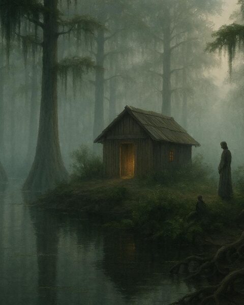 A small hut in a quiet swamp surrounded by trees and mist suggesting a healer’s presence