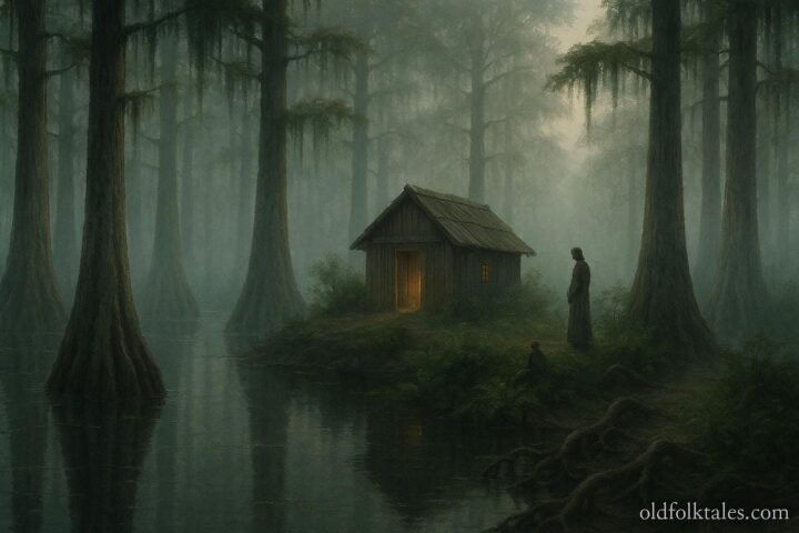 A small hut in a quiet swamp surrounded by trees and mist suggesting a healer’s presence