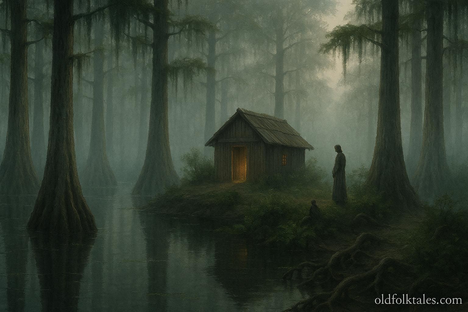 A small hut in a quiet swamp surrounded by trees and mist suggesting a healer’s presence