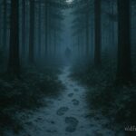 Misty forest scene in Coos County New Hampshire with a faint shadowy figure among tall pine trees and footprints in light snow.