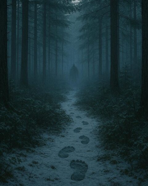 Misty forest scene in Coos County New Hampshire with a faint shadowy figure among tall pine trees and footprints in light snow.
