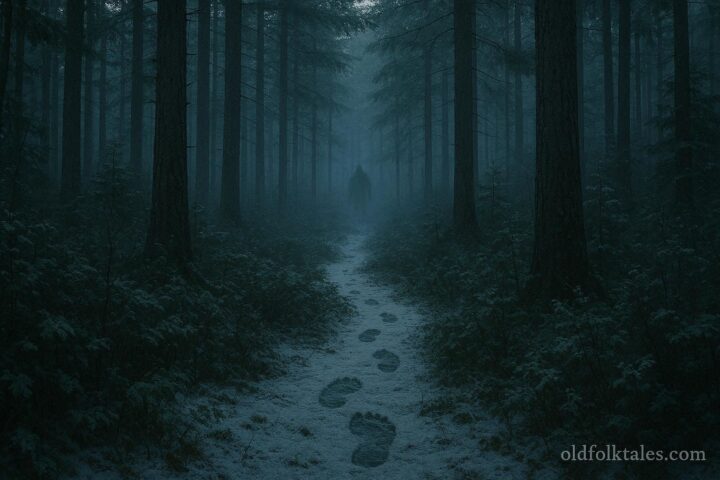 Misty forest scene in Coos County New Hampshire with a faint shadowy figure among tall pine trees and footprints in light snow.
