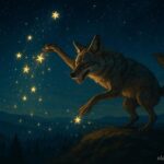 A coyote scatters stars across the night sky above forested hills, illustrating the Karuk trickster folktale