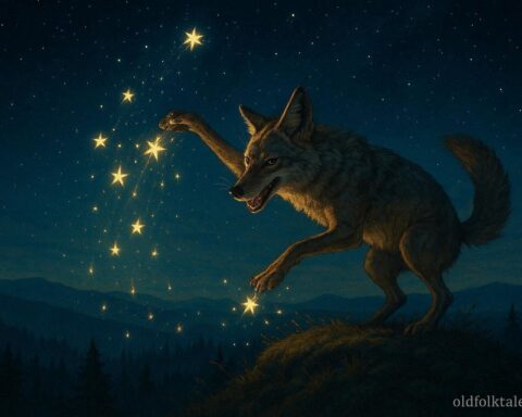 A coyote scatters stars across the night sky above forested hills, illustrating the Karuk trickster folktale