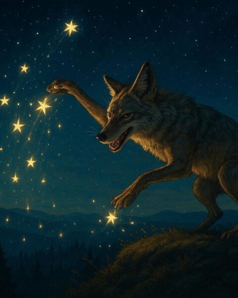 A coyote scatters stars across the night sky above forested hills, illustrating the Karuk trickster folktale