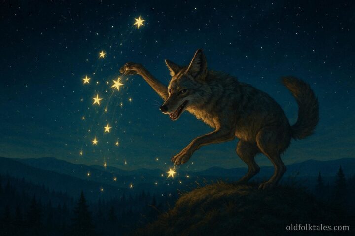 A coyote scatters stars across the night sky above forested hills, illustrating the Karuk trickster folktale