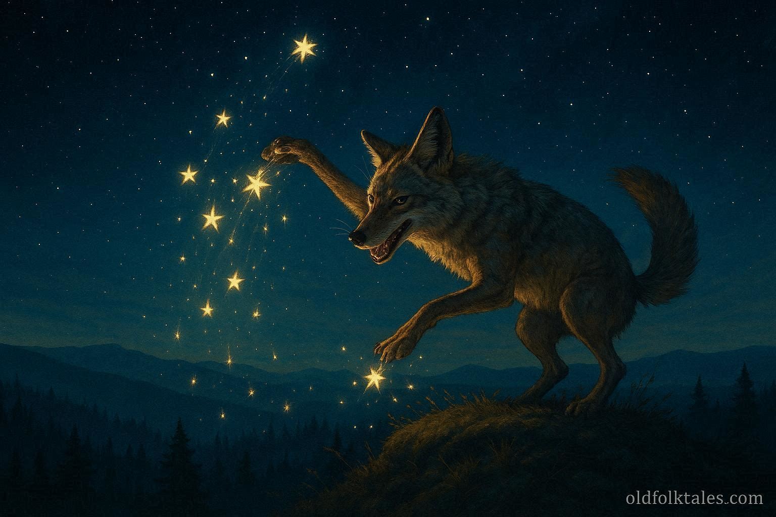 A coyote scatters stars across the night sky above forested hills, illustrating the Karuk trickster folktale