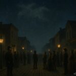 Residents of 1891 Crawfordsville Indiana looking at a mysterious shapeless object drifting in the night sky.