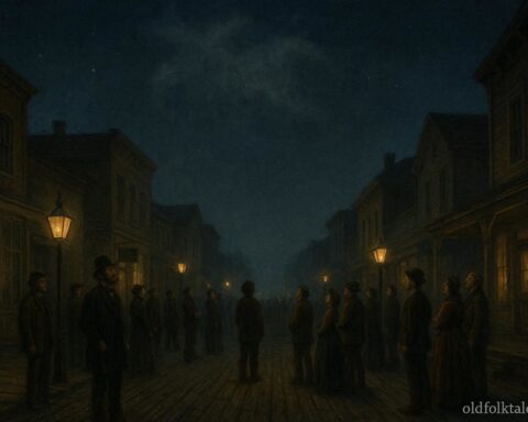 Residents of 1891 Crawfordsville Indiana looking at a mysterious shapeless object drifting in the night sky.