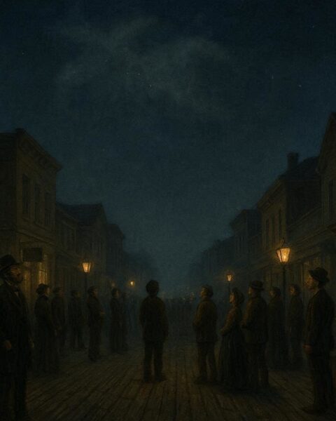 Residents of 1891 Crawfordsville Indiana looking at a mysterious shapeless object drifting in the night sky.