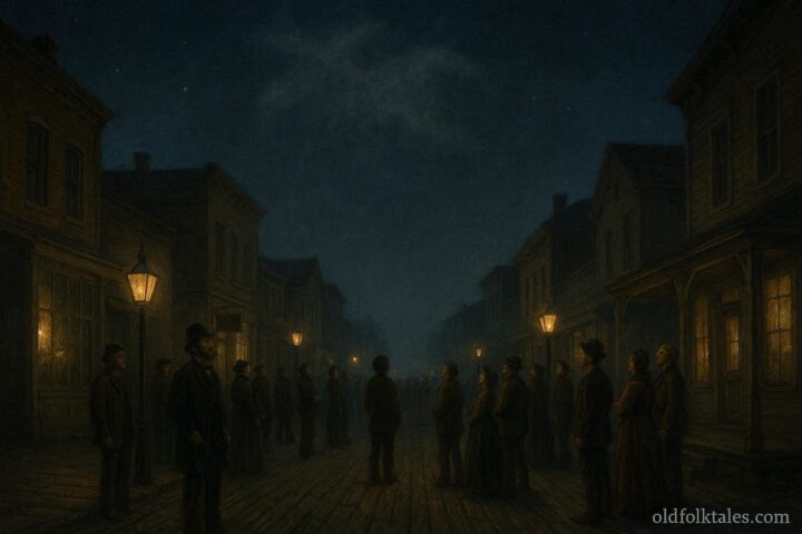 Residents of 1891 Crawfordsville Indiana looking at a mysterious shapeless object drifting in the night sky.