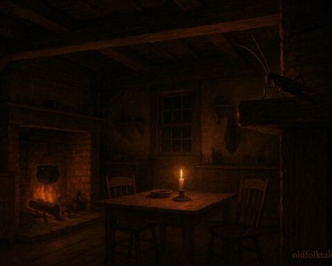 A small cricket perched inside a 19th-century American home representing a superstition about luck and protection