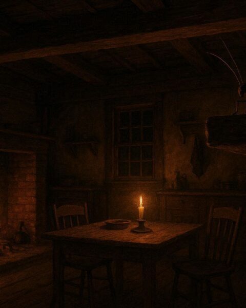 A small cricket perched inside a 19th-century American home representing a superstition about luck and protection