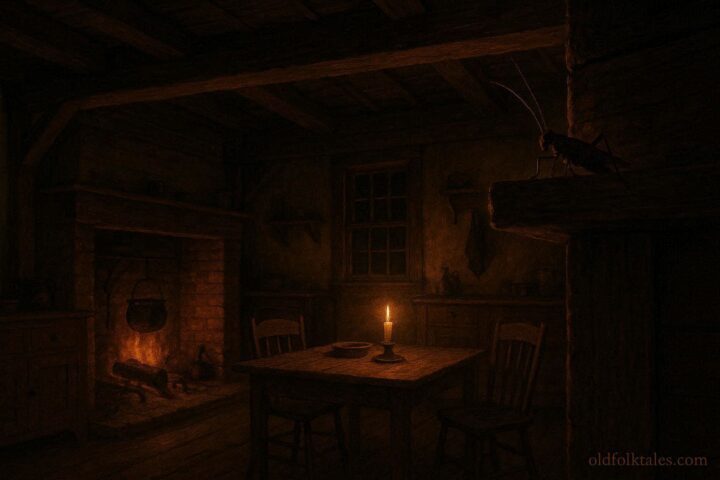 A small cricket perched inside a 19th-century American home representing a superstition about luck and protection