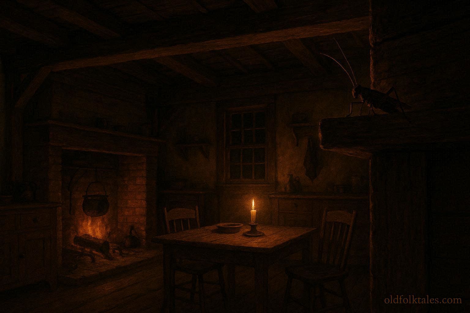 A small cricket perched inside a 19th-century American home representing a superstition about luck and protection