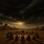 Dark clouds over a dry village with first raindrop falling after long drought