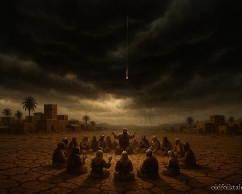 Dark clouds over a dry village with first raindrop falling after long drought