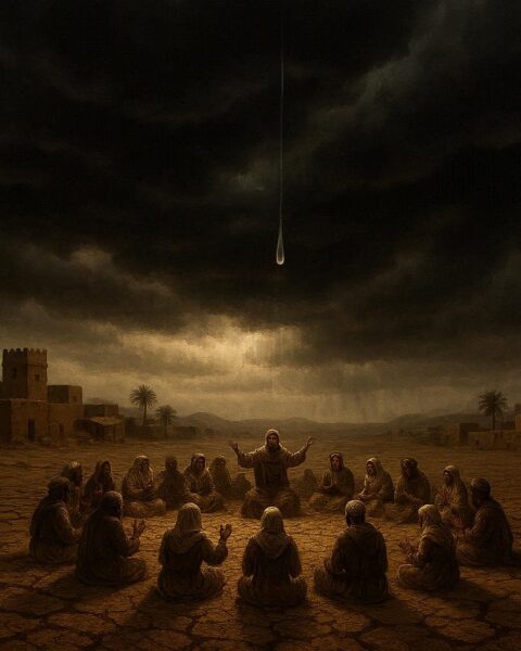 Dark clouds over a dry village with first raindrop falling after long drought