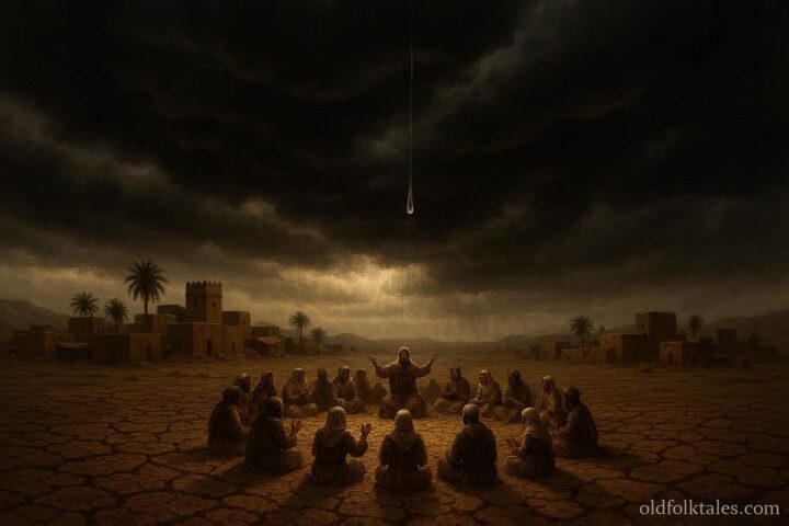 Dark clouds over a dry village with first raindrop falling after long drought