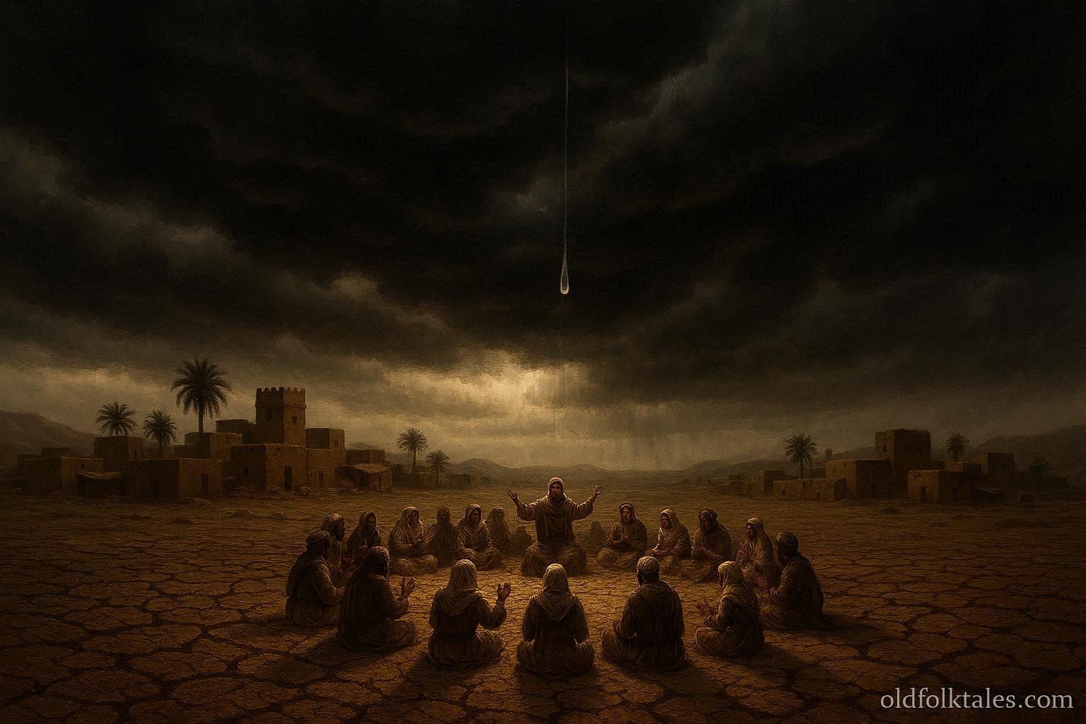 Dark clouds over a dry village with first raindrop falling after long drought