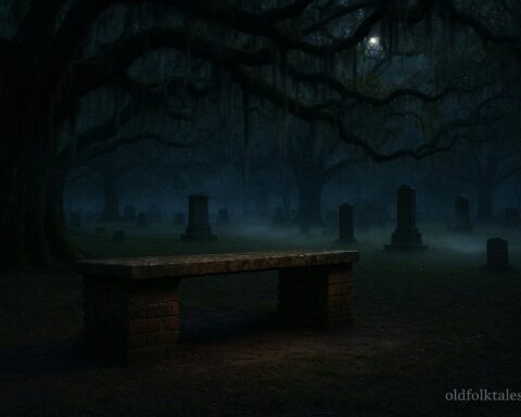 Brick bench in a Florida cemetery at night associated with the Devil’s Chair legend.