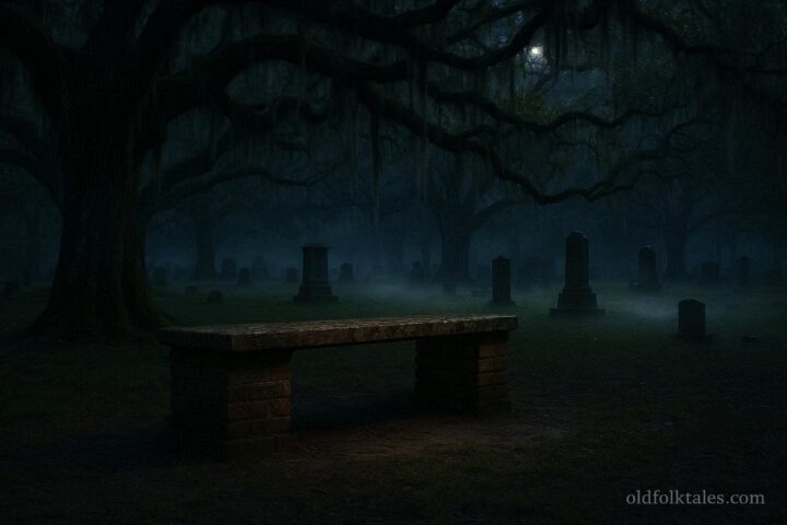 Brick bench in a Florida cemetery at night associated with the Devil’s Chair legend.