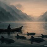Dolphins swimming beside a canoe along the Pacific Northwest coast representing the Coast Salish Dolphin Spirit legend