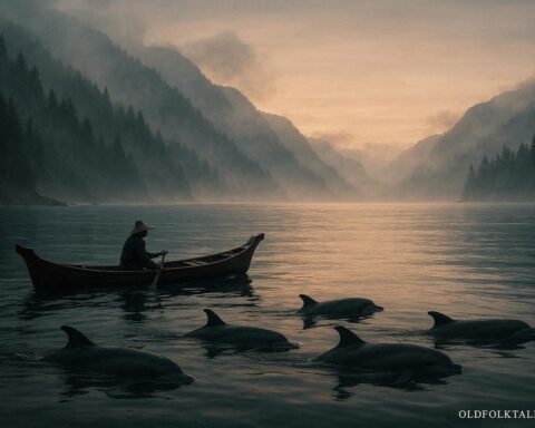 Dolphins swimming beside a canoe along the Pacific Northwest coast representing the Coast Salish Dolphin Spirit legend