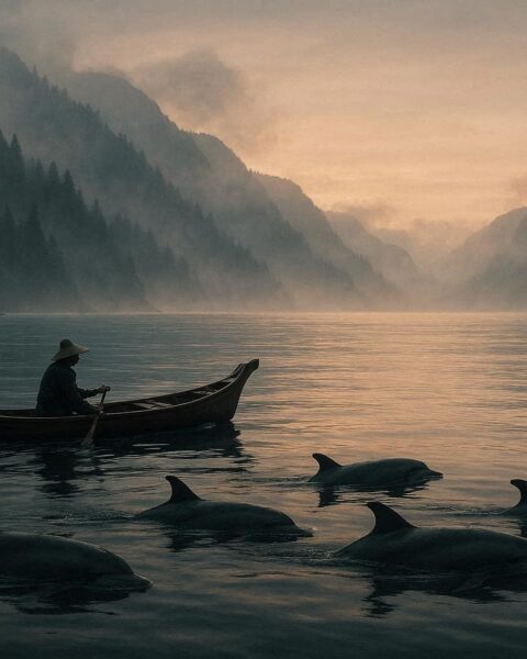 Dolphins swimming beside a canoe along the Pacific Northwest coast representing the Coast Salish Dolphin Spirit legend