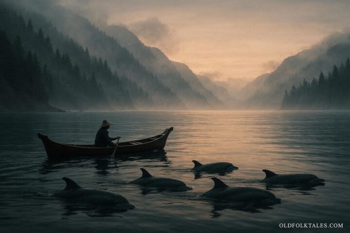 Dolphins swimming beside a canoe along the Pacific Northwest coast representing the Coast Salish Dolphin Spirit legend